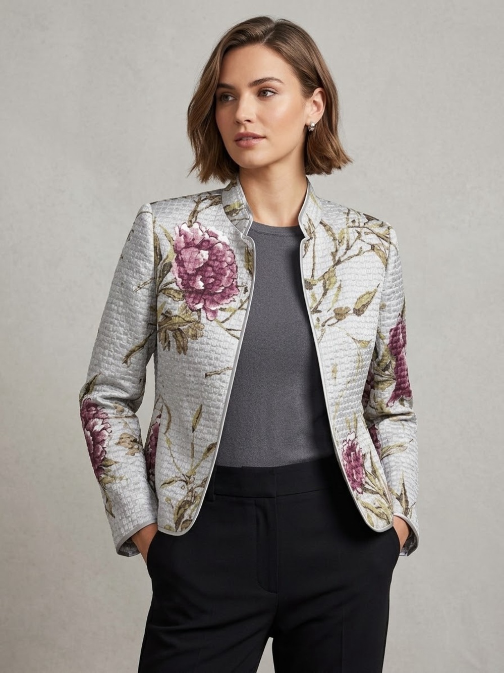 Linda Allard Ellen Tracy Silk Wool Blend Quilted Floral Blazer Jacket